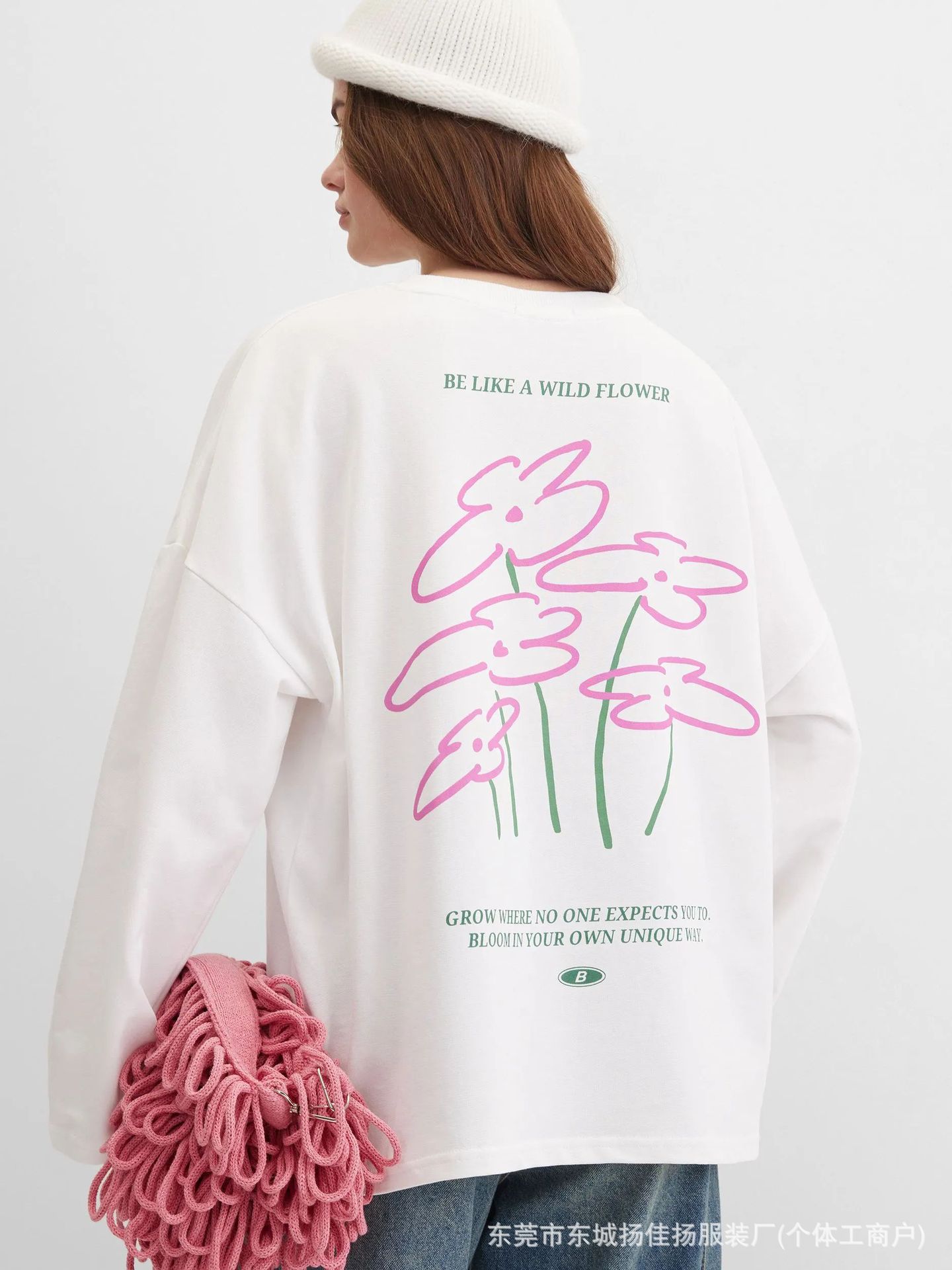 Longline Tee Oversized - Sweet Preppy Campus Minimal Line Wildflower