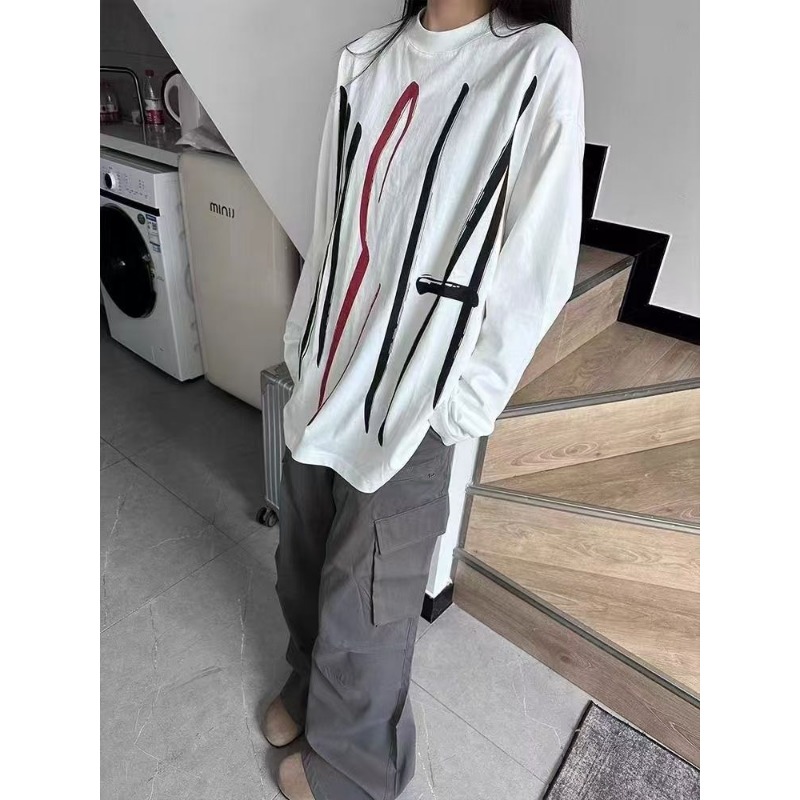 Longline Tee Oversized - Women Oversized Crew Neck Abstract Line