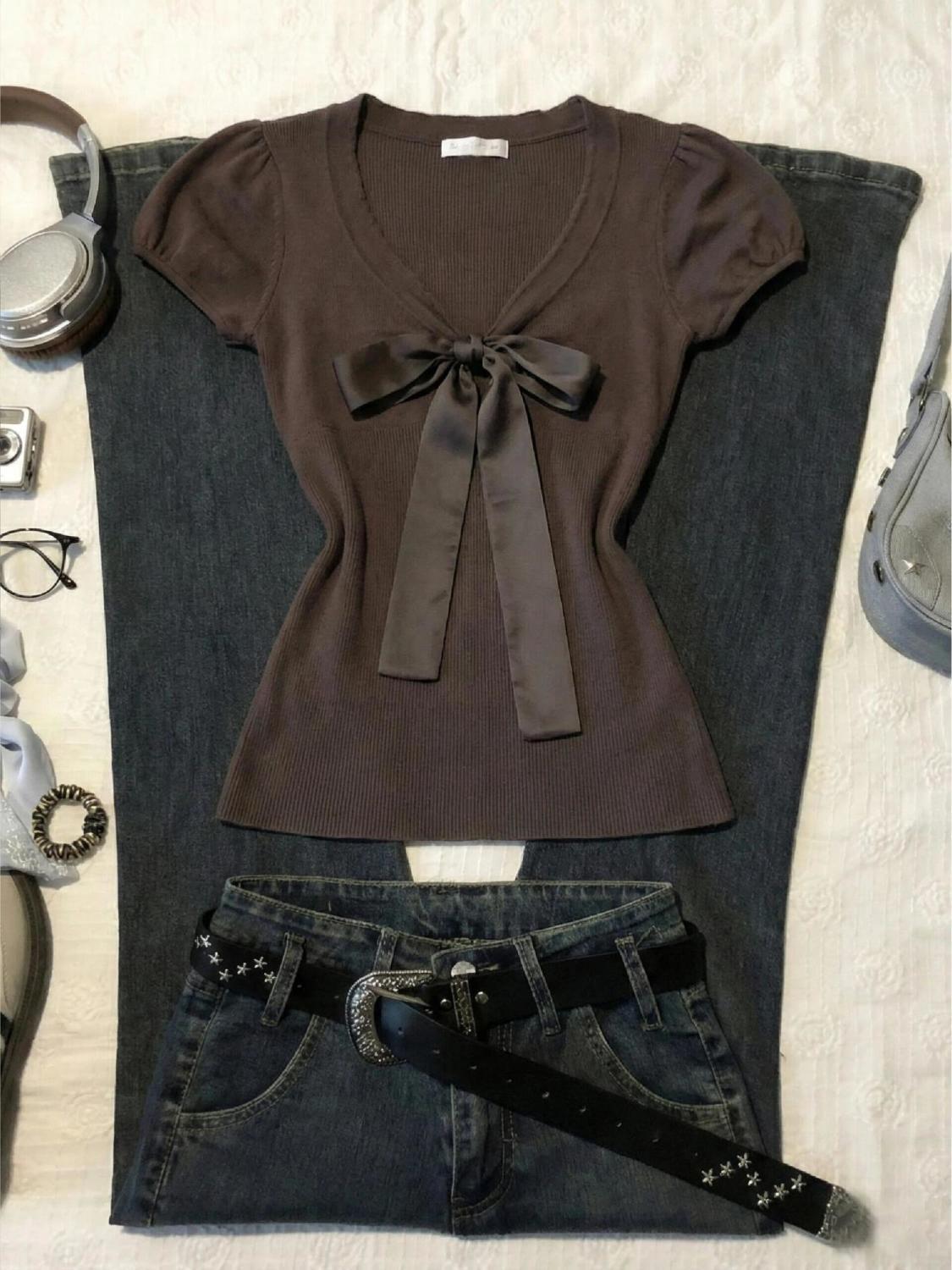 Vintage T-shirt Bow Y2k Slim S - đánh giá và giá Street Fashion Goth