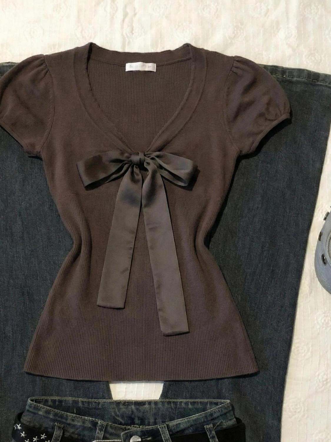 Vintage T-shirt Bow Y2k Slim S - đánh giá và giá Street Fashion Goth