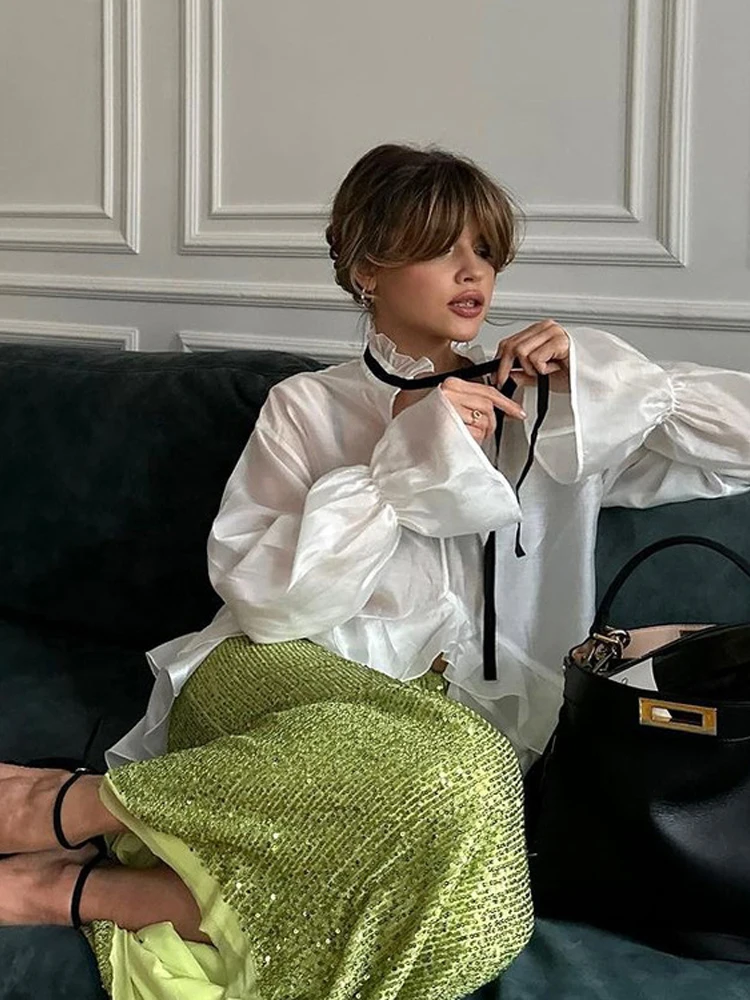 White Ruffle Hem Tie Neck Blou - đánh giá và giá Fashion Street Night
